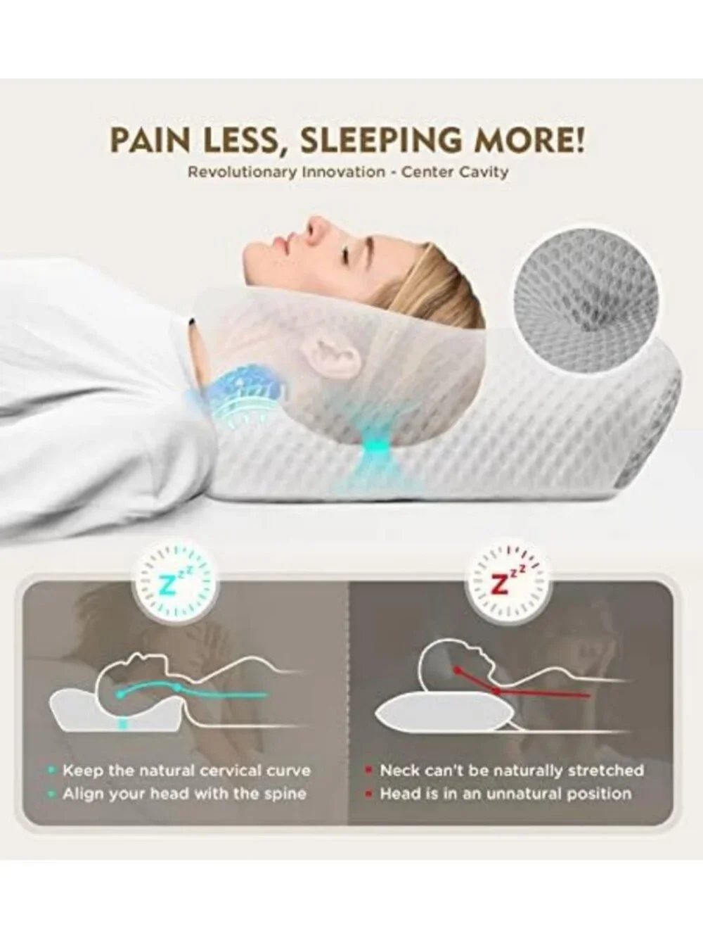 Adjustable Memory Foam Cervical Pillow for Neck Pain Relief, Cooling Case, Side